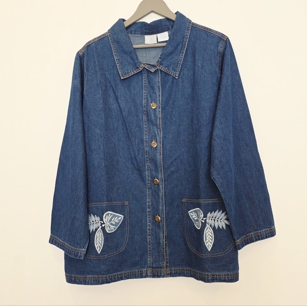 Vintage Blair 100% Cotton Floral Embroidery Button Women Blazer Blouse Size XL